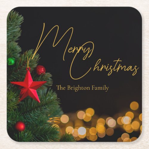 Twinkling Gold Lights Modern Merry Christmas Party Square Paper Coaster