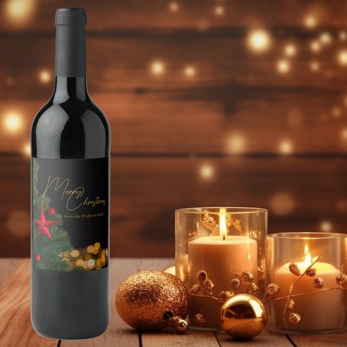 Twinkling Gold Lights Modern Merry Christmas Wine Label