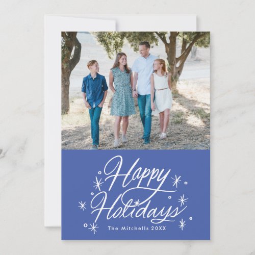 Twinkling Hand Lettered Happy Holidays Photo Blue Holiday Card