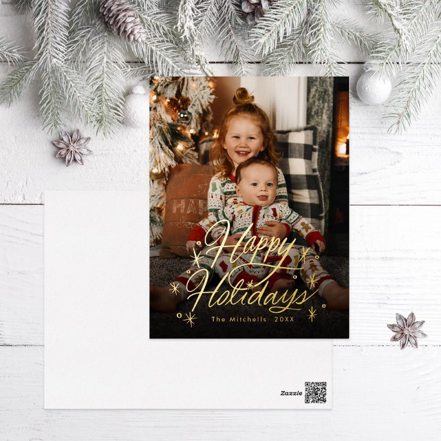 Twinkling Hand Lettered Happy Holidays Photo Foil Holiday Postcard (Creator Uploaded)