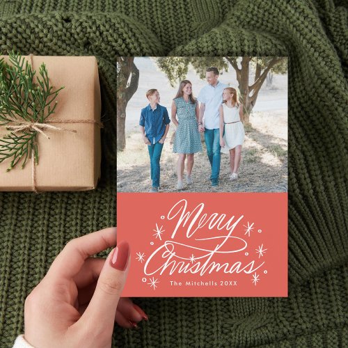 Twinkling Hand Lettered Merry Christmas Photo Red Holiday Card