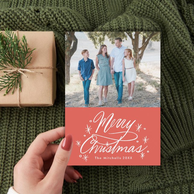 Twinkling Hand Lettered Merry Christmas Photo Red Holiday Card (Creator Uploaded)