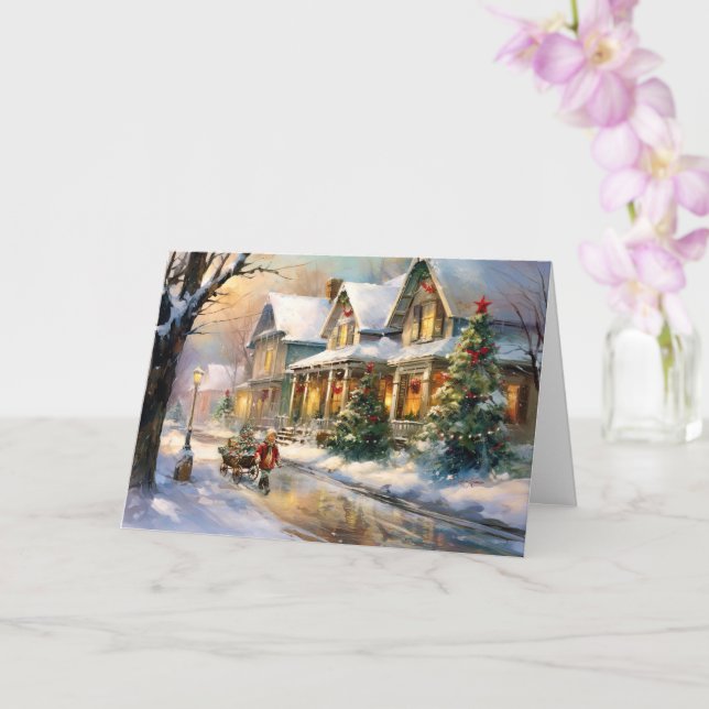 Twinkling Holiday Delight Boy Pulling A Sleigh Card (Orchid)