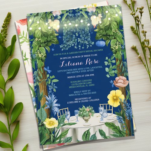Twinkling Lights Blue Floral Garden Bridal Shower Invitation