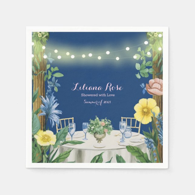 Twinkling Lights Blue Floral Garden Bridal Shower Napkins (Front)