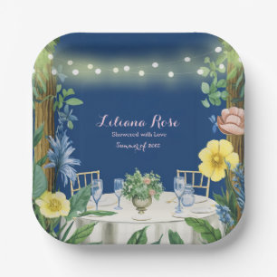 Twinkling Lights Blue Floral Garden Bridal Shower Paper Plates