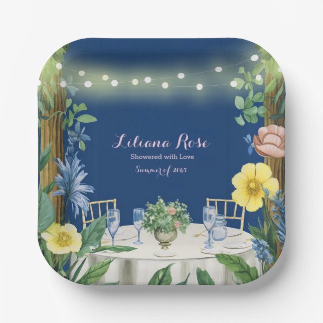 Twinkling Lights Blue Floral Garden Bridal Shower Paper Plates (Front)