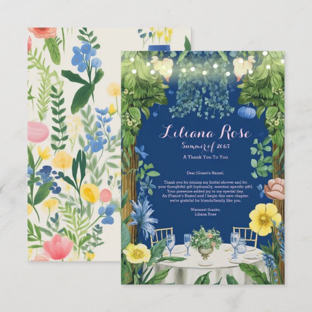 Twinkling Lights Blue Floral Garden Bridal Shower Thank You Card (Front/Back)