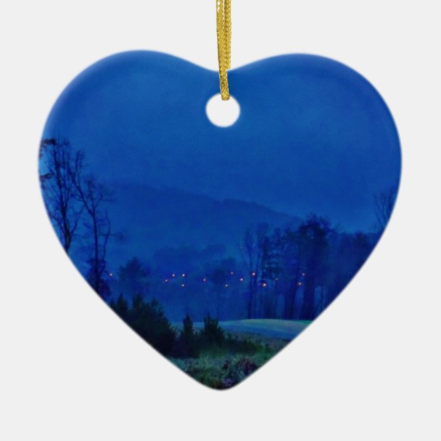Twinkling Lights in a Blue Mountain Mist Ceramic Ornament (Front)