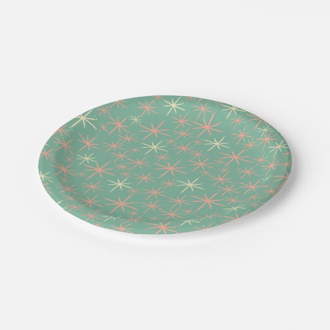 Twinkling Mid-Century Retro Atomic Stars Pink Teal Paper Plates (Angled)