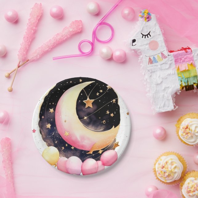Twinkling Moon & Stars Baby Girl Shower Paper Plates (Party)