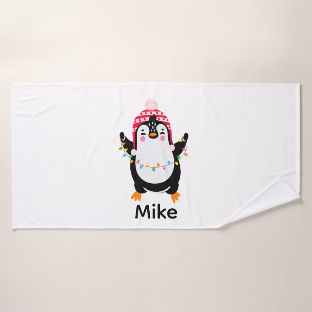 Twinkling Penguin with Christmas Lights Bath Towel (Bath Towel)
