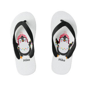 Twinkling Penguin with Christmas Lights Kid's Flip Flops