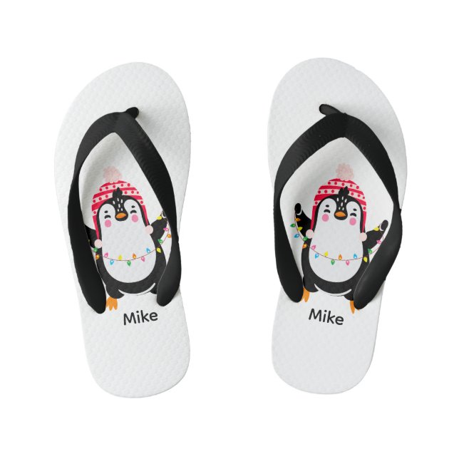 Twinkling Penguin with Christmas Lights Kid's Flip Flops (Footbed)