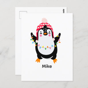 Twinkling Penguin with Christmas Lights Postcard