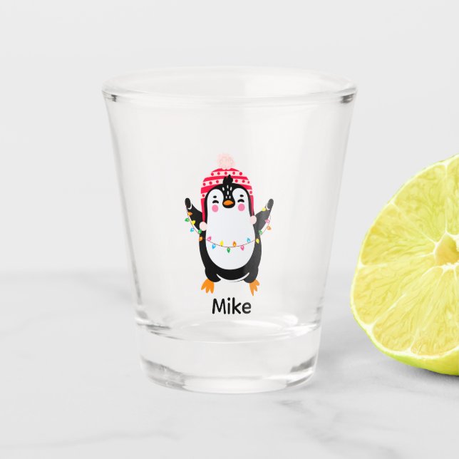 Twinkling Penguin with Christmas Lights Shot Glass (Front)