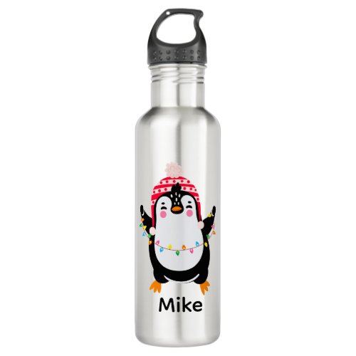 Twinkling Penguin with Christmas Lights Stainless Steel Water Bottle