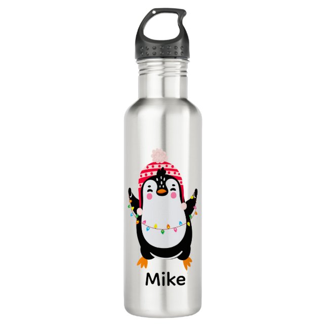 Twinkling Penguin with Christmas Lights Stainless Steel Water Bottle (Front)