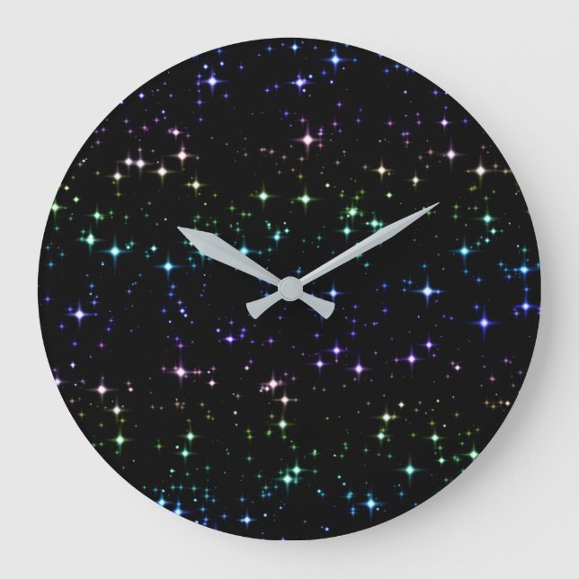 Twinkling Rainbow Glitter Stars in the Night Sky Large Clock (Front)