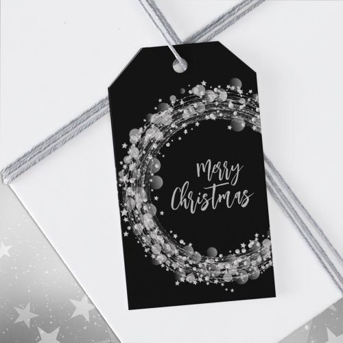 Twinkling Silver Stars Merry Christmas Black Gift Tags