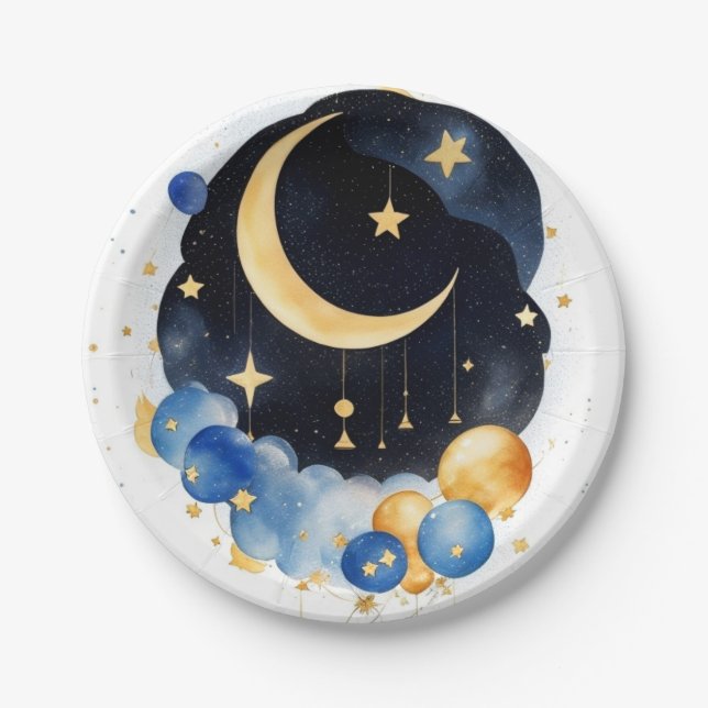 Twinkling Sky Baby Shower Moon & Stars Theme Paper Plates (Front)