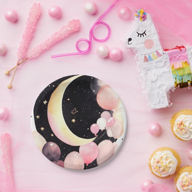 Twinkling Stars: Moon & Stars Baby Girl Shower Paper Plates (Party)