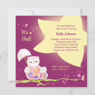 Twinkling Stars Owl Baby Girl Baby Shower Invitation