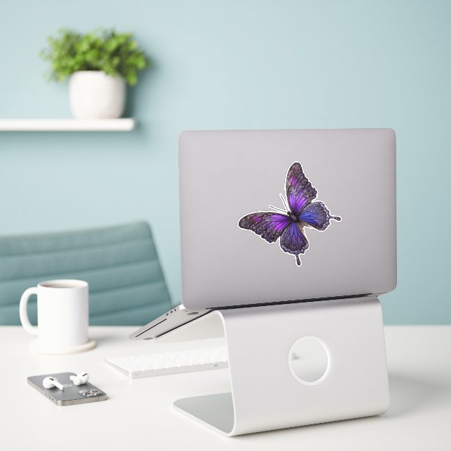 Twinkling Wings: Purple Sparkle Butterfly Sticker (Laptop On Desk)