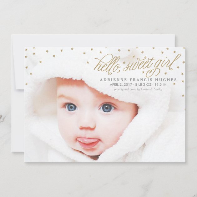 Twinkly Gold Stars Baby Girl Birth Announcement