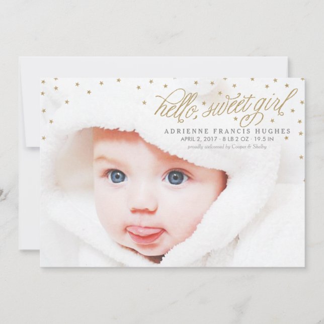 Twinkly Gold Stars Baby Girl Birth Announcement (Front)