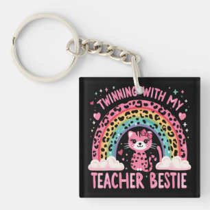 Twinning With My Teacher Bestie Rainbow Cat Lover Keychain
