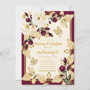 Twins 15th Birthday Champagne Burgundy Gold Frame Invitation