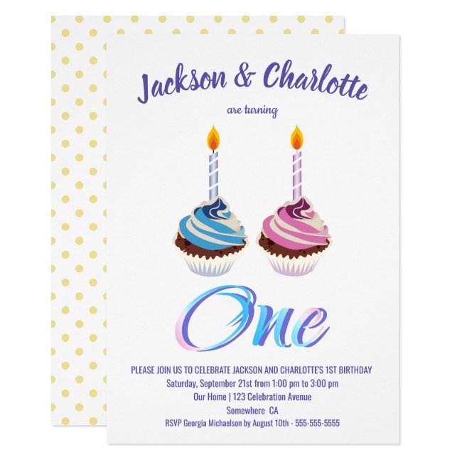 Twins 1st Birthday Boy and Girl Cupcakes Party Invitation