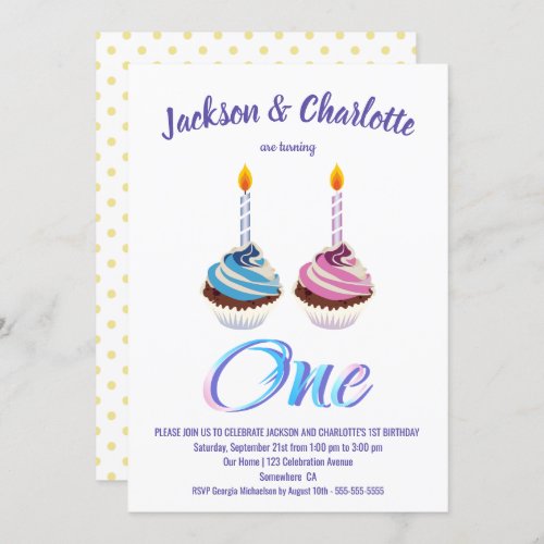 Twins 1st Birthday Boy and Girl Cupcakes Party Invitation
