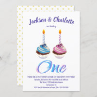 Twins 1st Birthday Boy and Girl Cupcakes Party Invitation