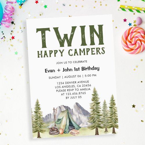 Twins 1st Birthday Happy Campers Rustic Invitation