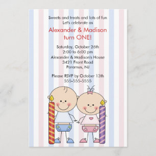 Twins 1st Birthday Invitation Girl & Boy