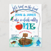 Twins 1st birthday O-fish-Ally, Little Fisherman Invitation Postcard