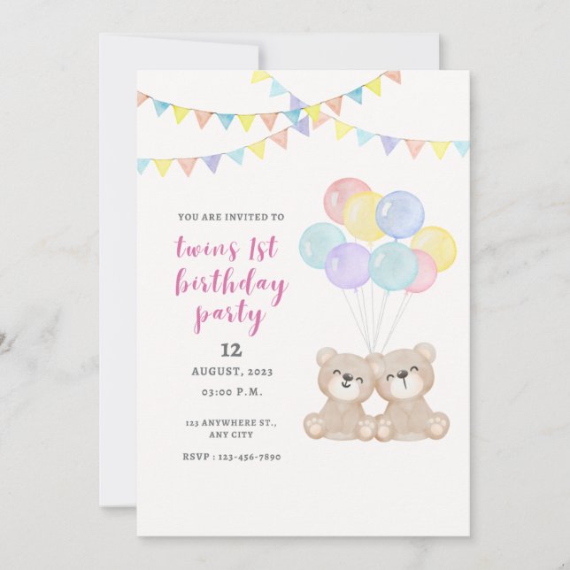 Twins 1st Birthday Party Invitation (Front)