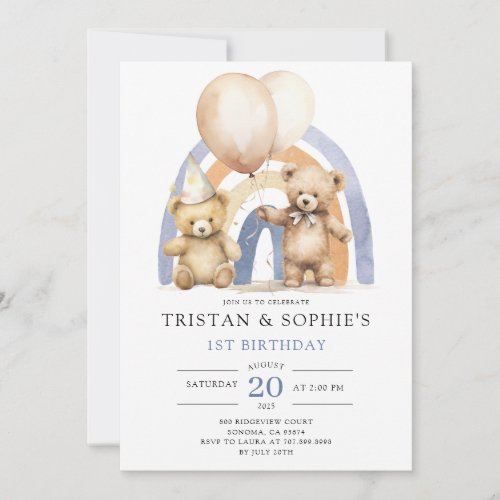 Twins 1st Birthday Watercolor Teddy Bears Balloons Invitation