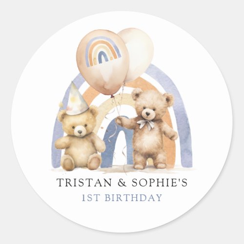 Twins 1st Birthday Watercolor Teddy Bears Classic Round Sticker