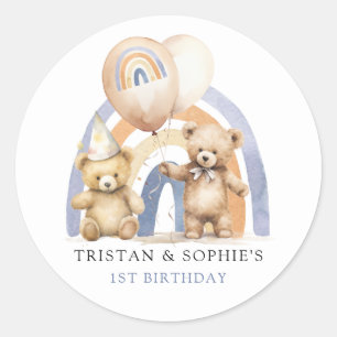 Twins 1st Birthday Watercolor Teddy Bears Classic Round Sticker