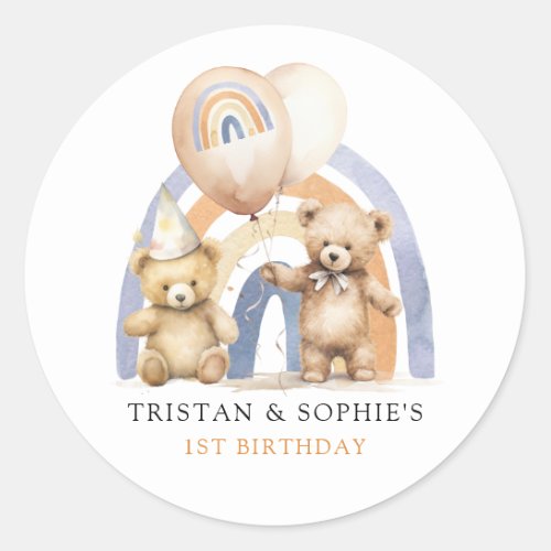Twins 1st Birthday Watercolor Teddy Bears Classic Round Sticker