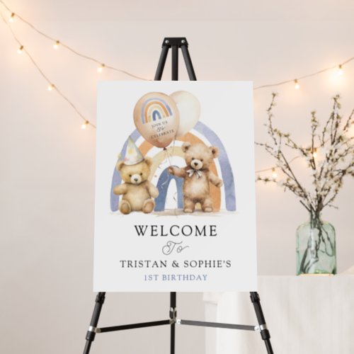 Twins 1st Birthday Watercolor Teddy Bears Foam Board