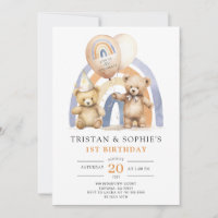 Twins 1st Birthday Watercolor Teddy Bears
