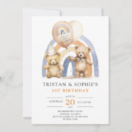 Twins 1st Birthday Watercolor Teddy Bears Invitation