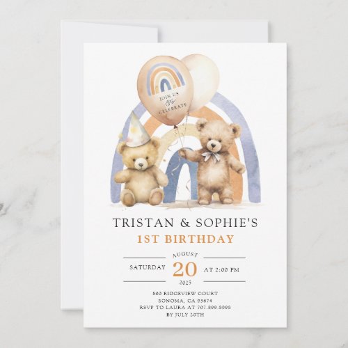 Twins 1st Birthday Watercolor Teddy Bears Invitation