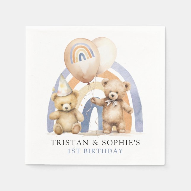 Twins 1st Birthday Watercolor Teddy Bears Napkins (Front)