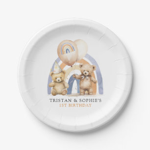 Twins 1st Birthday Watercolor Teddy Bears Paper Plates
