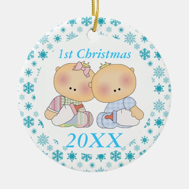 Twins 1st Christmas Personalized Keepsake Ornament (Front)